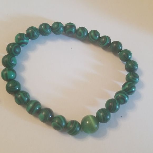 Mens 2 Pc. Green Malachite & Silverplated Expansion Bracelets Custom Made 8" - Picture 2 of 15